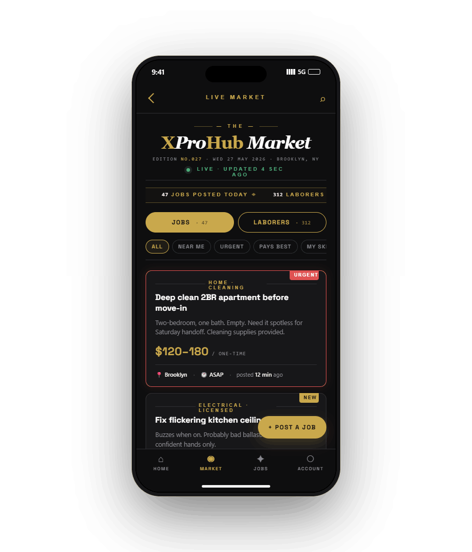 XProHub Live Market screen showing available jobs in NYC