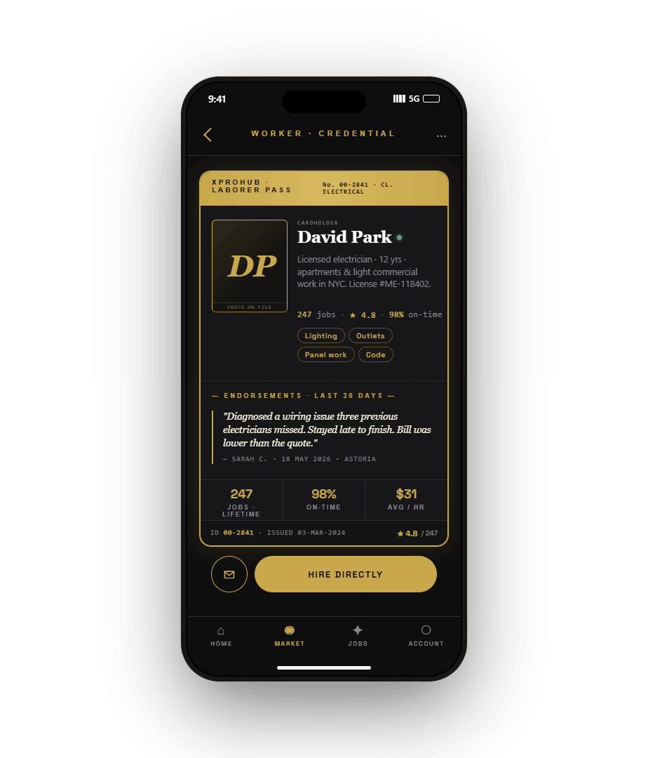 XProHub Worker Credential screen — David Park, licensed electrician
