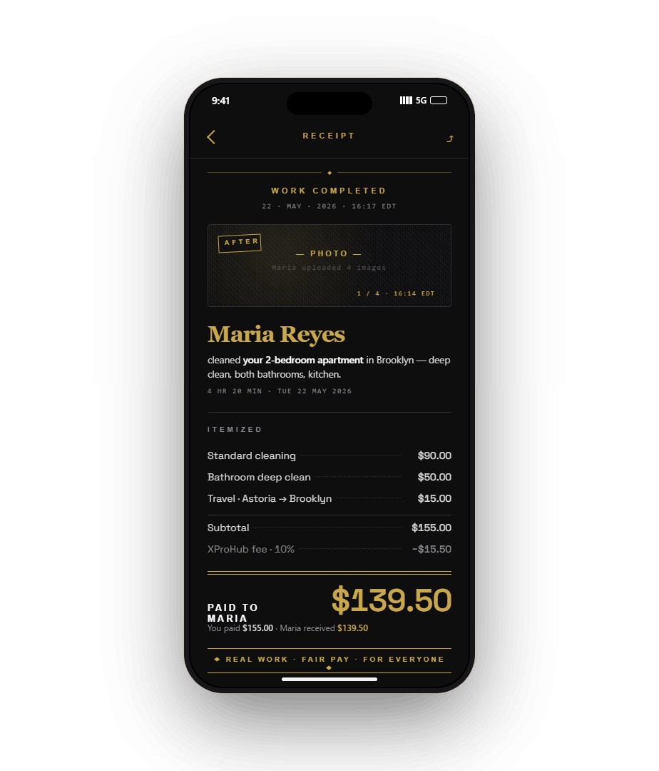 XProHub Receipt screen — Maria Reyes received $139.50, 10% fee visible